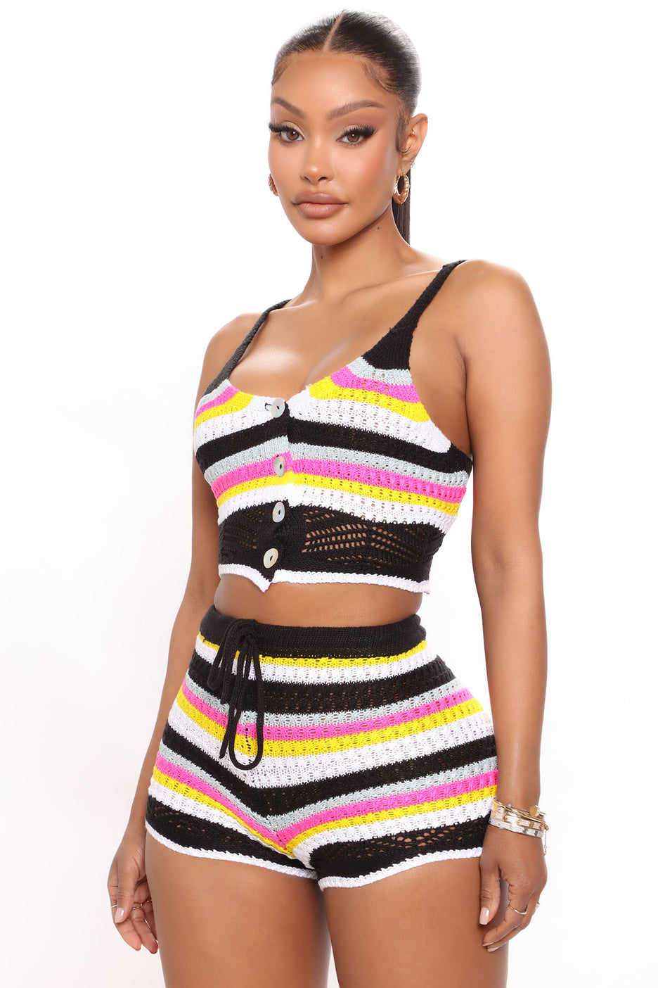 Conjunto de Cropped e Short de Crochê Color Block