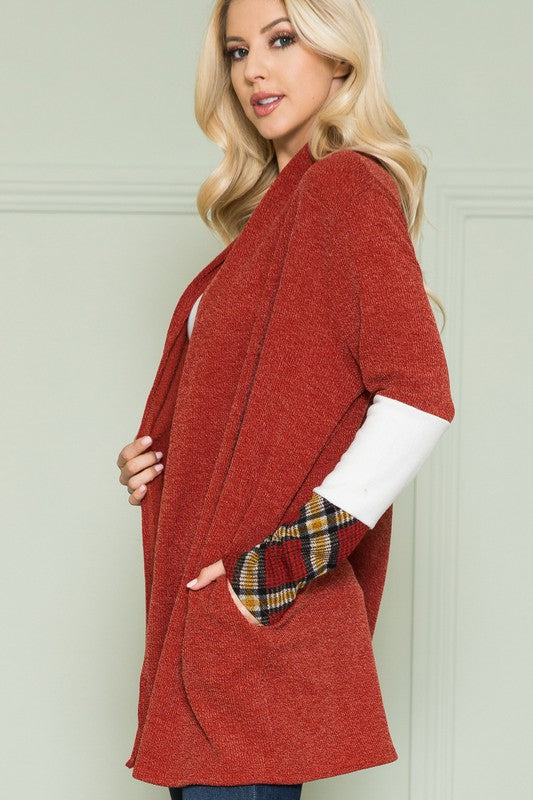 Plus Size Solid Plaid Contrast Long Sleeve Cardigan- 2 Colors