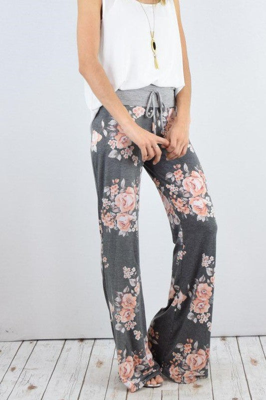Drawstring Floral Wide Leg Pants-2 Colors
