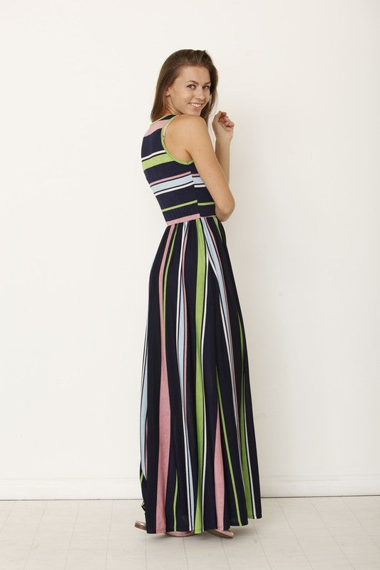 Multi Striped Maxi Dress w/ Hidden Pocket-2 Colors