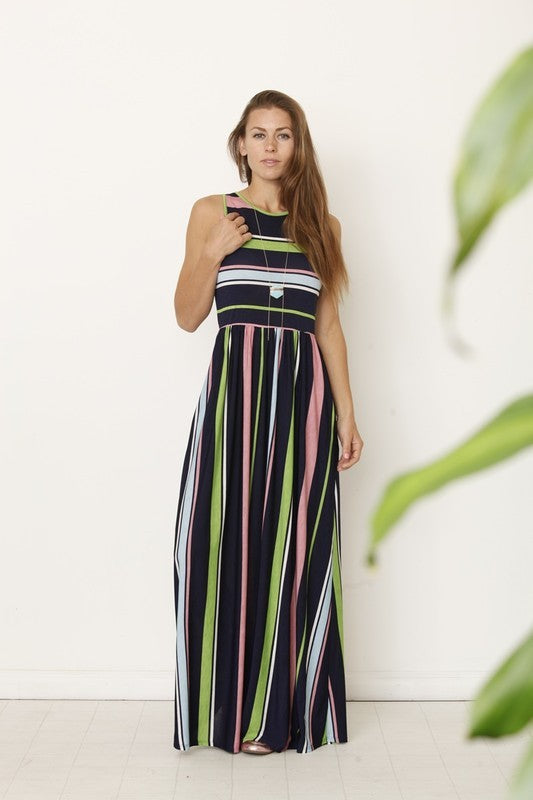Multi Striped Maxi Dress w/ Hidden Pocket-2 Colors