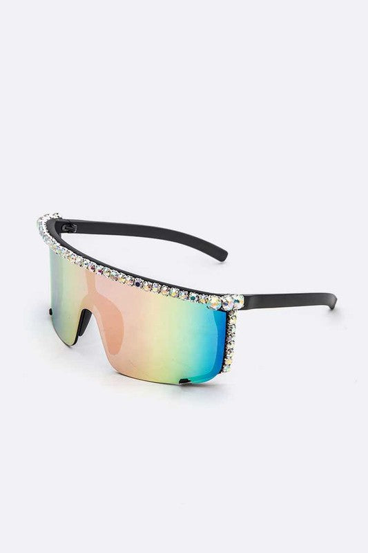 Rhinestone Shield Inspired Statement Sunglasses- 2 Colors