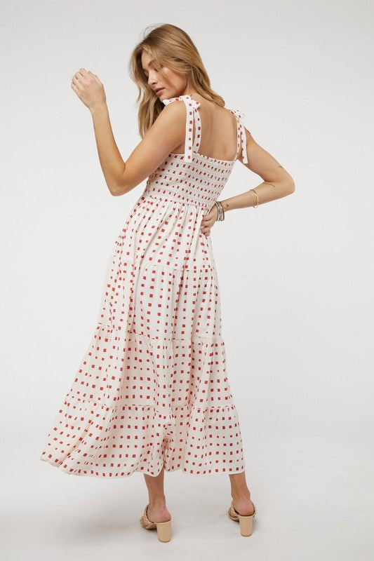 Shoulder Tied Smocked Ruffle Square Dot Printed Sundress