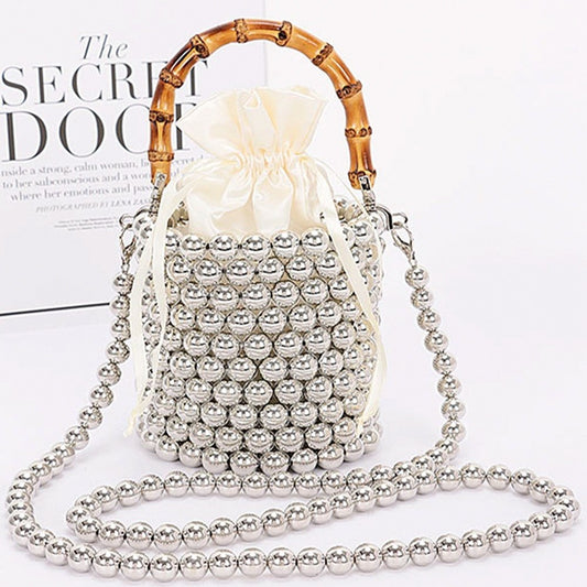 Bamboo Handle Pearl Bag- Silver