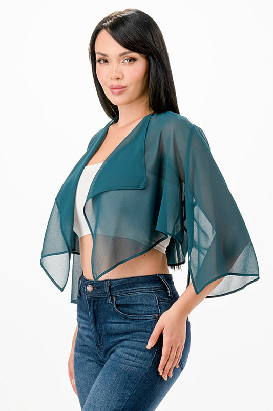 Bolero em Chiffon Transparente com abertura frontal em cascata e mangas amplas na altura do cotovelo com fenda