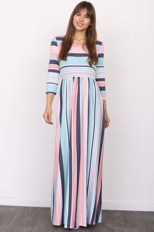 Plus Size Quarter Sleeve Stripe Maxi Dress-2 Colors