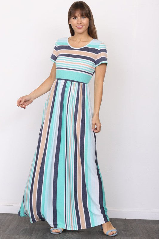 Plus Size Short Sleeve Stripe Maxi Dress-2 colors