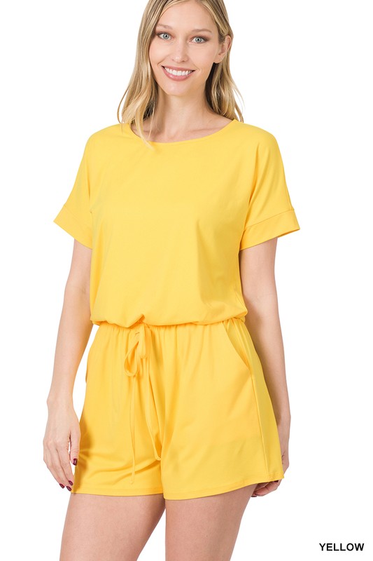 BRUSHED DRAWSTRING ROMPER WITH POCKETS