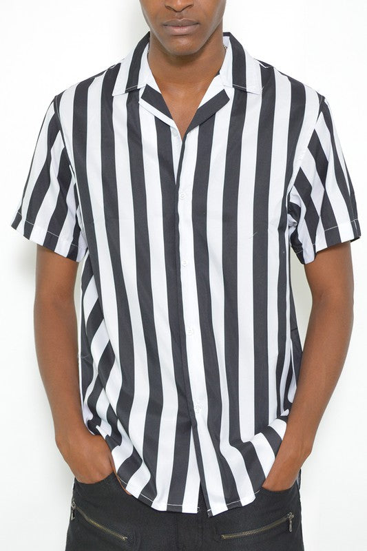 MEN'S SHORT SLEEVE STRIPED BUTTON DOWN PRINT SHIRT