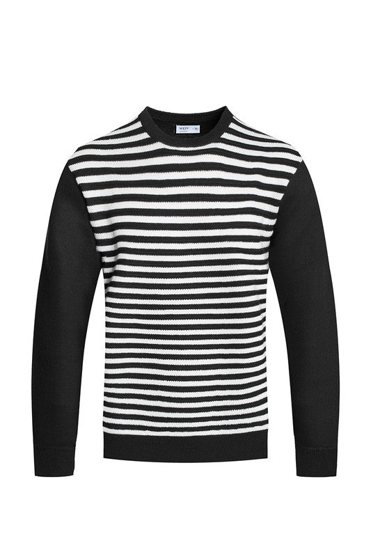 MEN'S KNITTED ROUND NECK STRIPED SWEATER-4 COLORS