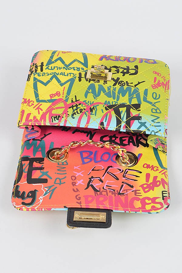 Graffiti Quilted Bag W/ Chain Belt- Green