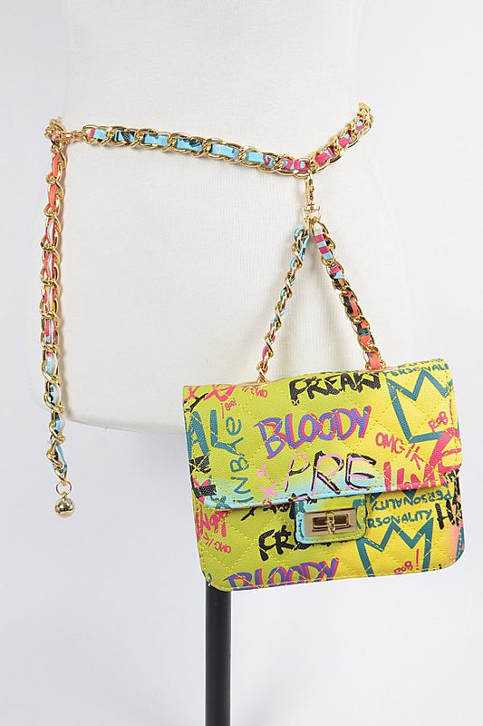 Graffiti Quilted Bag W/ Chain Belt- Green