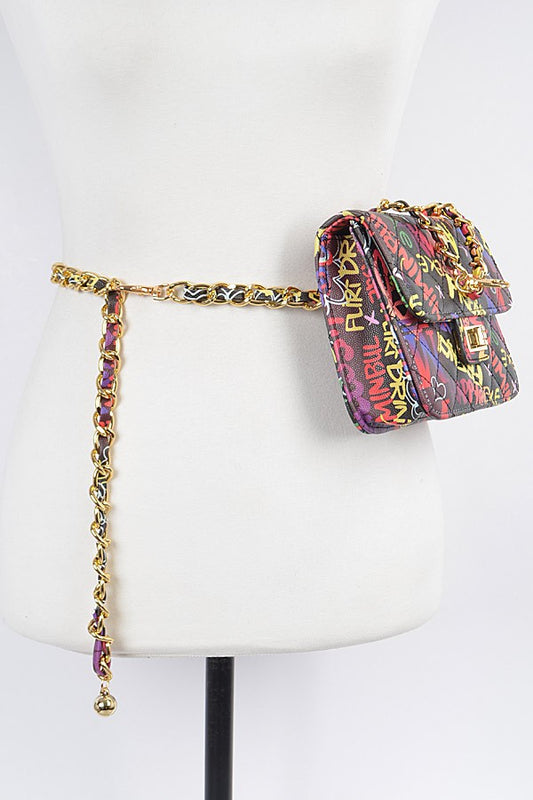 Graffiti Quilted Bag W/ Chain Belt- Black/Multi