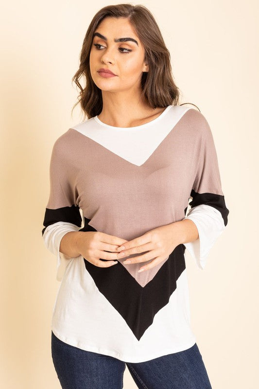 Chevron Bell Sleeve Color Block Top- 2 Colors