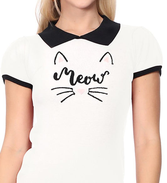 Meow Cat Jacquard Cap Sleeve Pullover Top-