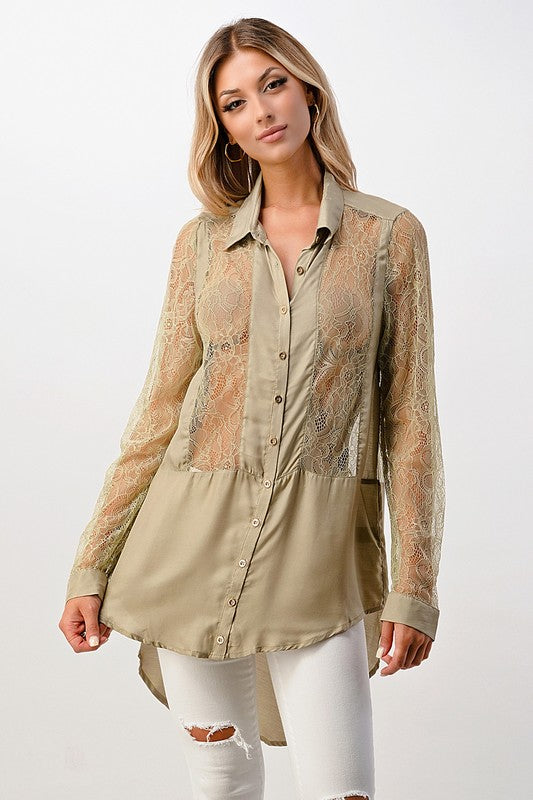 Silk Lace Panel Tunic Sage Shirt Top