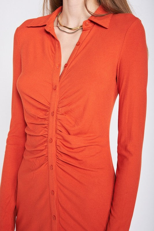 RUST RUCHED LONG SLEEVE DRESS