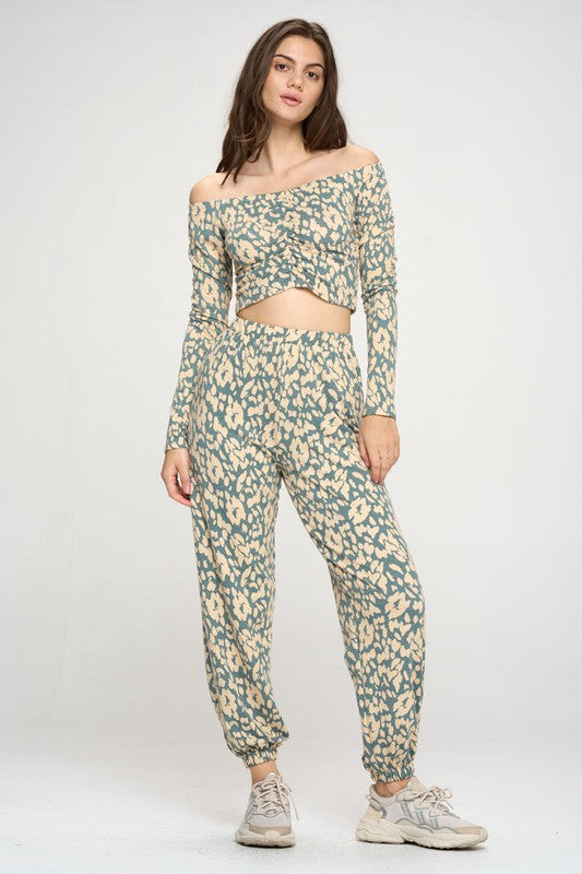 Leopard Print Jogger & Off Shoulder Top Lounge Set