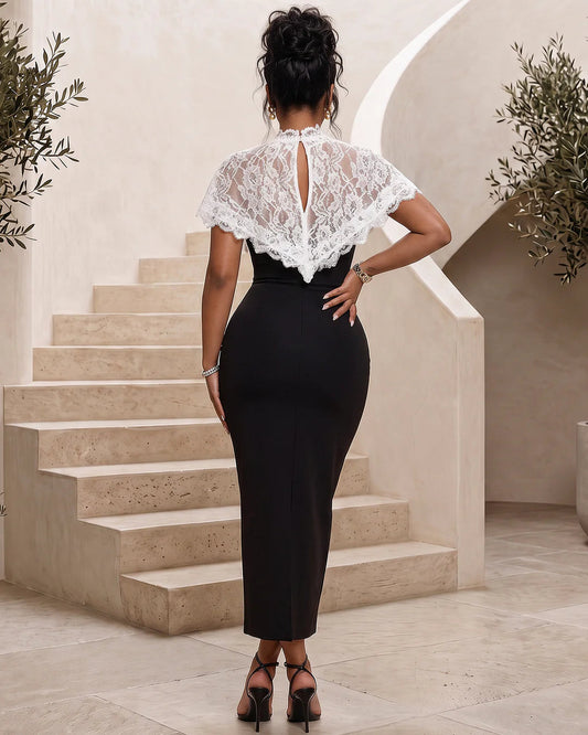 Lace Caped Midi Dress- Black
