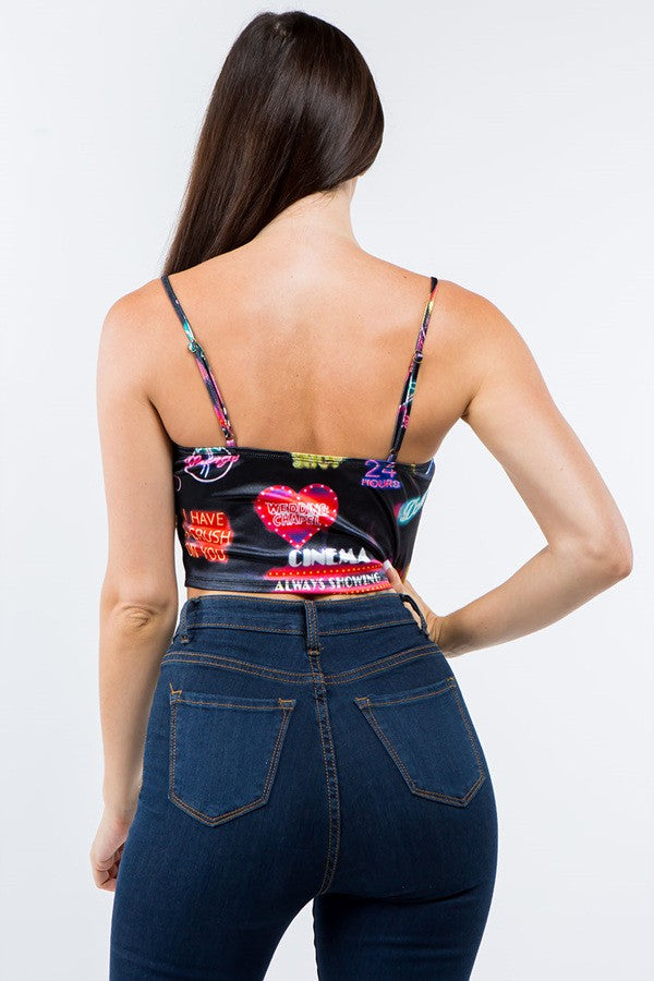 Neon Sign Printed Satin Crop Top (Special Sale)