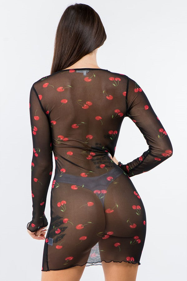 Cherry Printed Mesh Mini Lingerie Dress