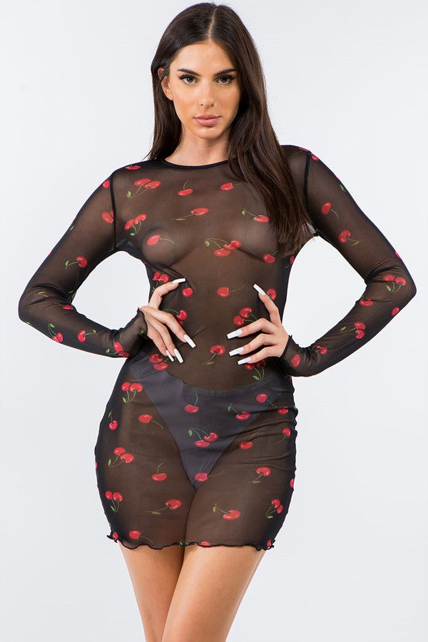 Cherry Printed Mesh Mini Lingerie Dress