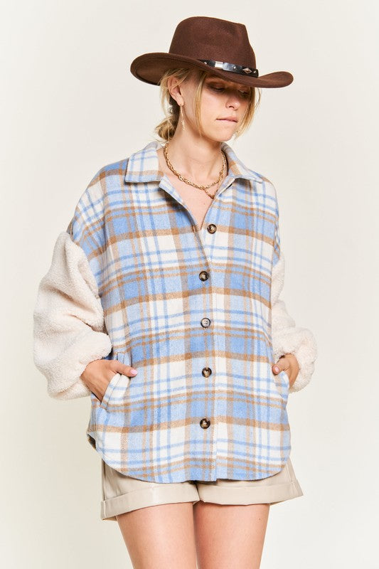 Plus Size Multi Plaid Fuzzy Sleeve Jacket