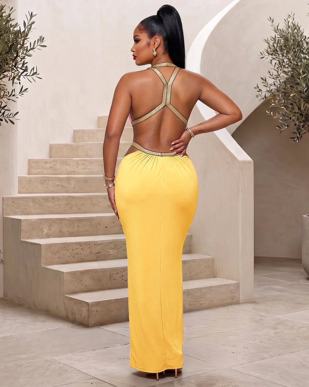 Roman Goddess Maxi Dress- Yellow/Pink