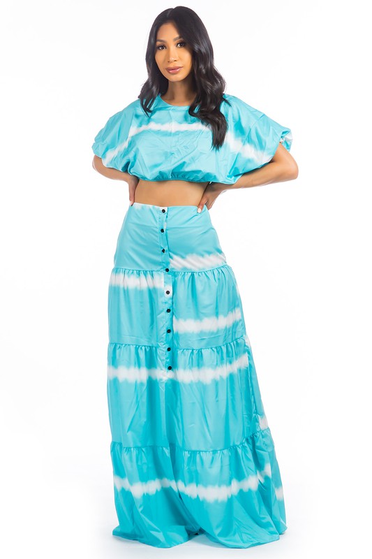 (Cópia) Conjunto Cropped e Saia Longa Tie Dye Azul Celeste e Branco