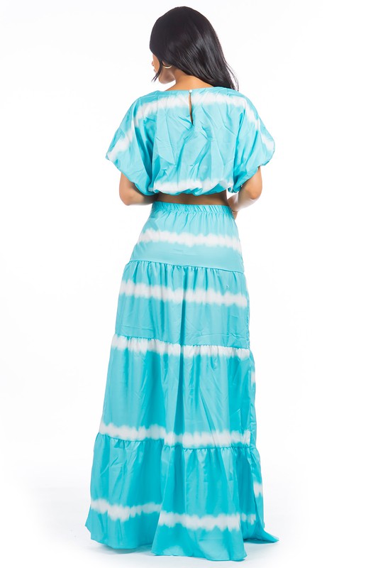 (Cópia) Conjunto Cropped e Saia Longa Tie Dye Azul Celeste e Branco