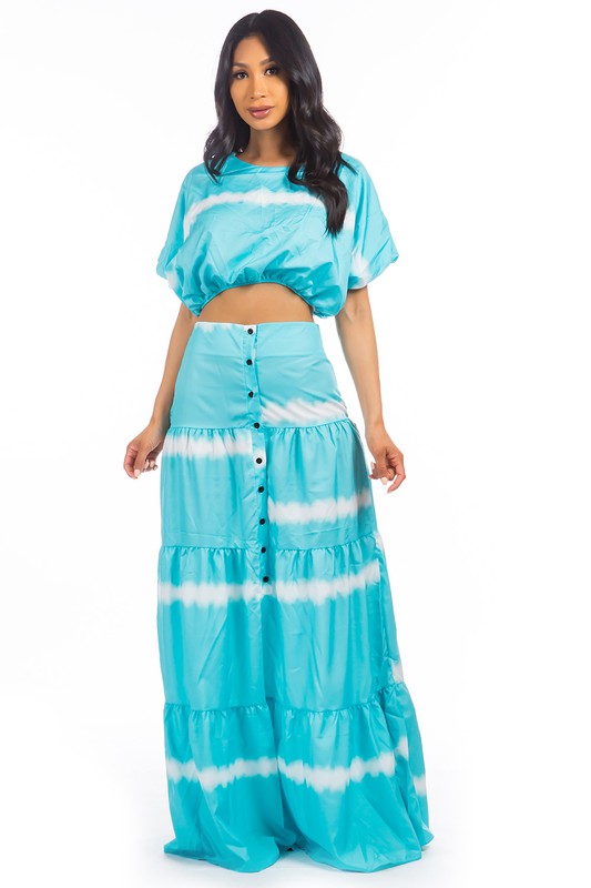 (Cópia) Conjunto Cropped e Saia Longa Tie Dye Azul Celeste e Branco