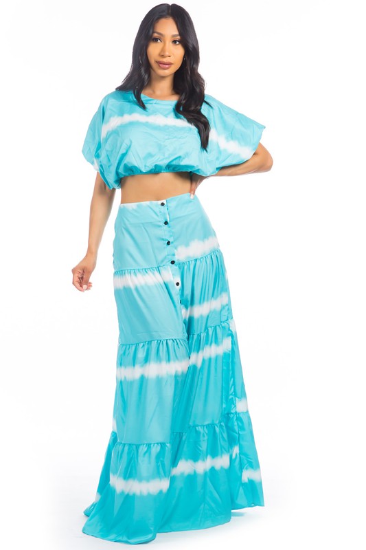 (Cópia) Conjunto Cropped e Saia Longa Tie Dye Azul Celeste e Branco