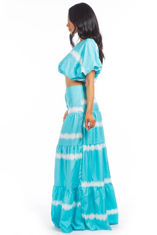 (Cópia) Conjunto Cropped e Saia Longa Tie Dye Azul Celeste e Branco