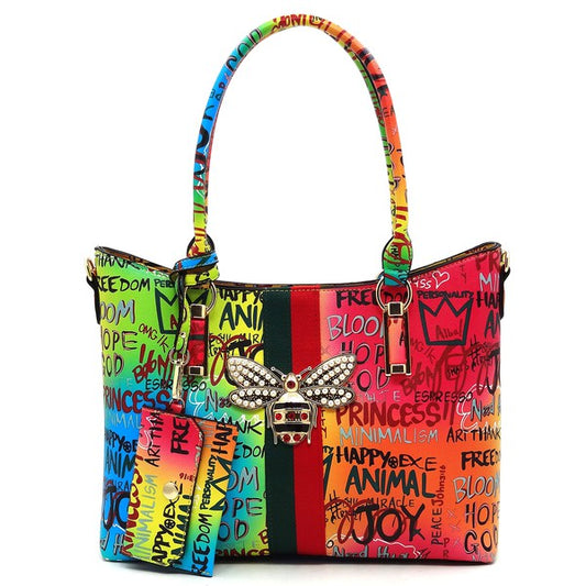 Multi Graffiti Queen Bee Stripe 4-in-1 Satchel Set