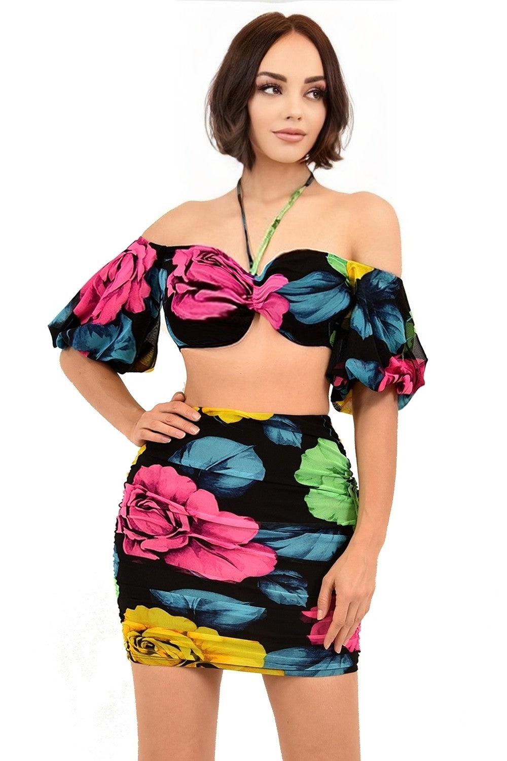 Conjunto de 2 Peças Estampado Floral com Top Frente Única e Saia