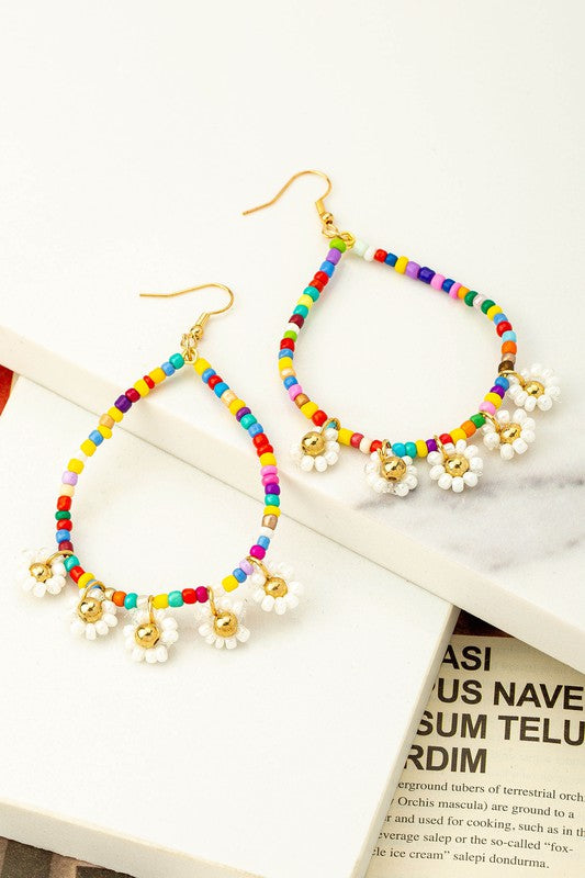 Seed Bead Daisy Charm Drop Hoop Earrings