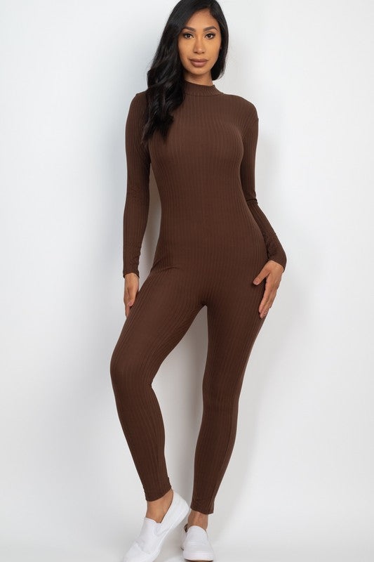 Ribbed Mock Neck Long Sleeve Casual Jumpsuit- 6 Colors