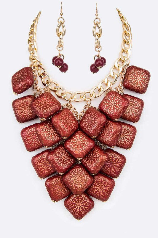 Textured Wooden Beads Statement Necklace Set- 4 Colors