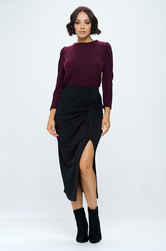 Renee C Made in USA Midi Skirt with Front Knot and Slit