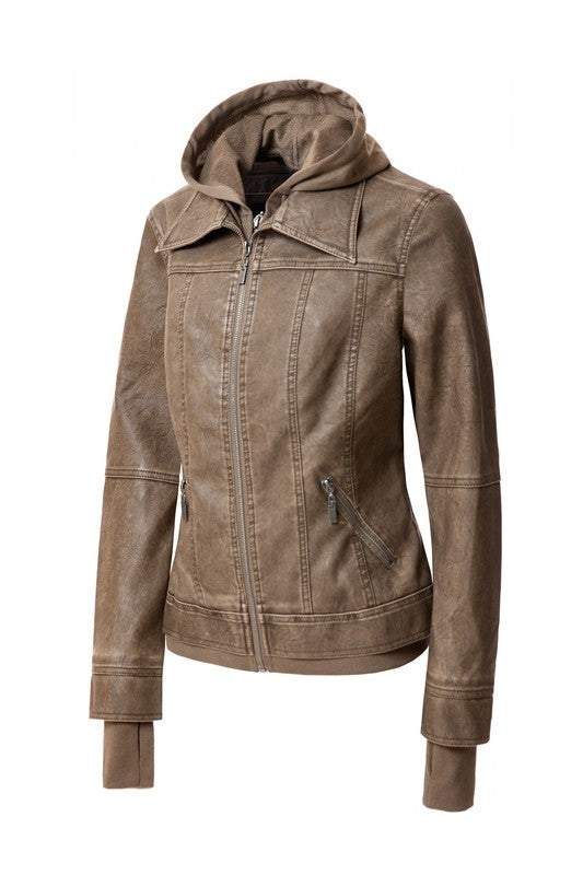 Women's Hood PU Leather Jacket- 4 Colors
