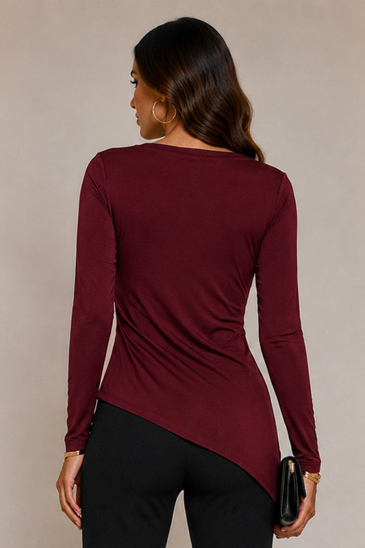 Juliette Symmetrical Ruched Long Sleeve Top- Burgundy