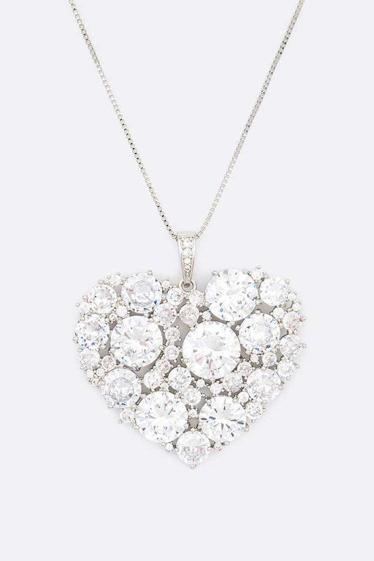 Cubic Zirconia Large Heart Pendant Necklace-2 Colors