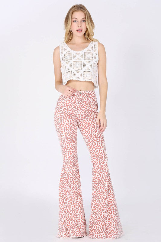 LEOPARD PRINT FLARED DENIM PANTS