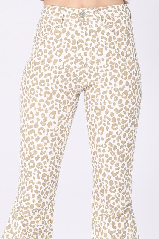 LEOPARD PRINT FLARED DENIM PANTS