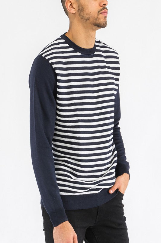 MEN'S KNITTED ROUND NECK STRIPED SWEATER-4 COLORS