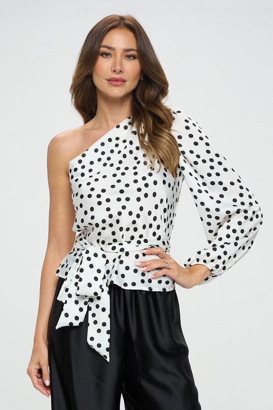 Renee C Polka Dot One Shoulder Formal Top with Tie