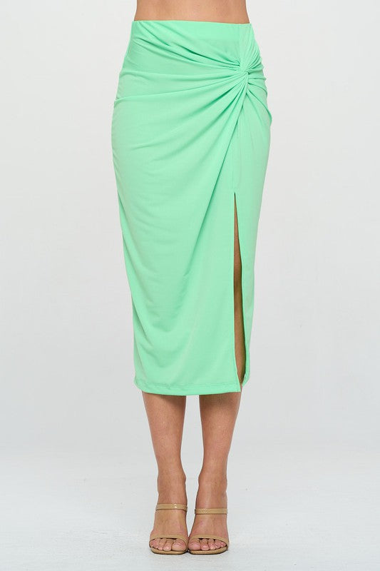 Renee C Made in USA Midi Skirt with Front Knot and Slit