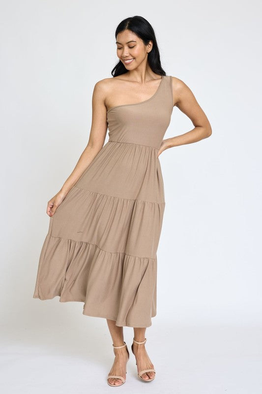 One Shoulder Ruffle Midi Dress- 4 Colors