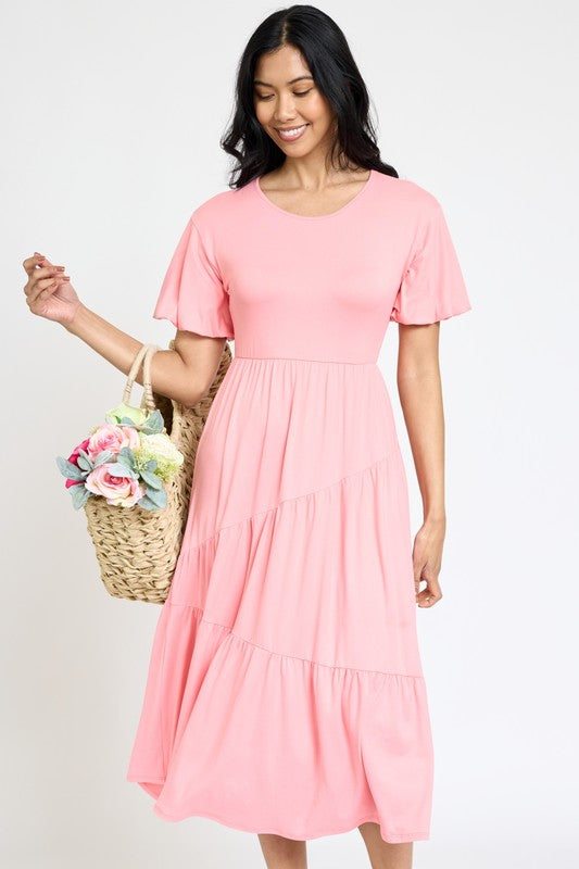 Solid Diagonal Tiered Flowy Dress-7 Colors