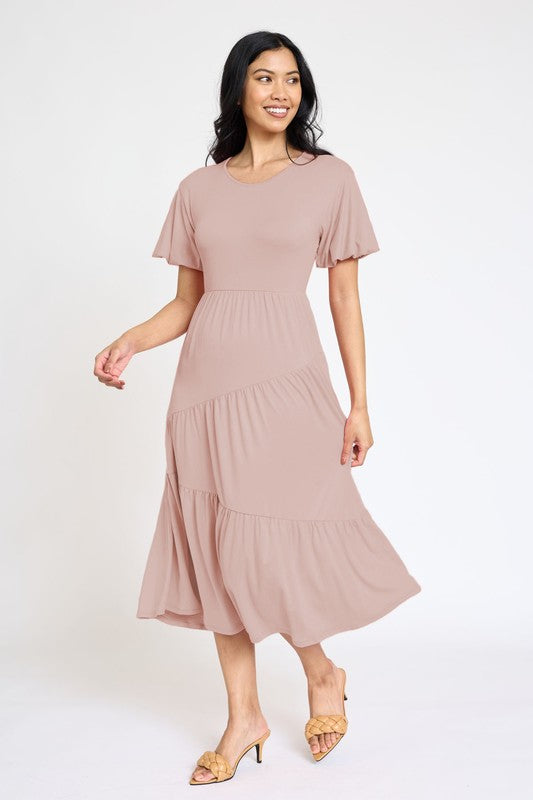 Solid Diagonal Tiered Flowy Dress-7 Colors